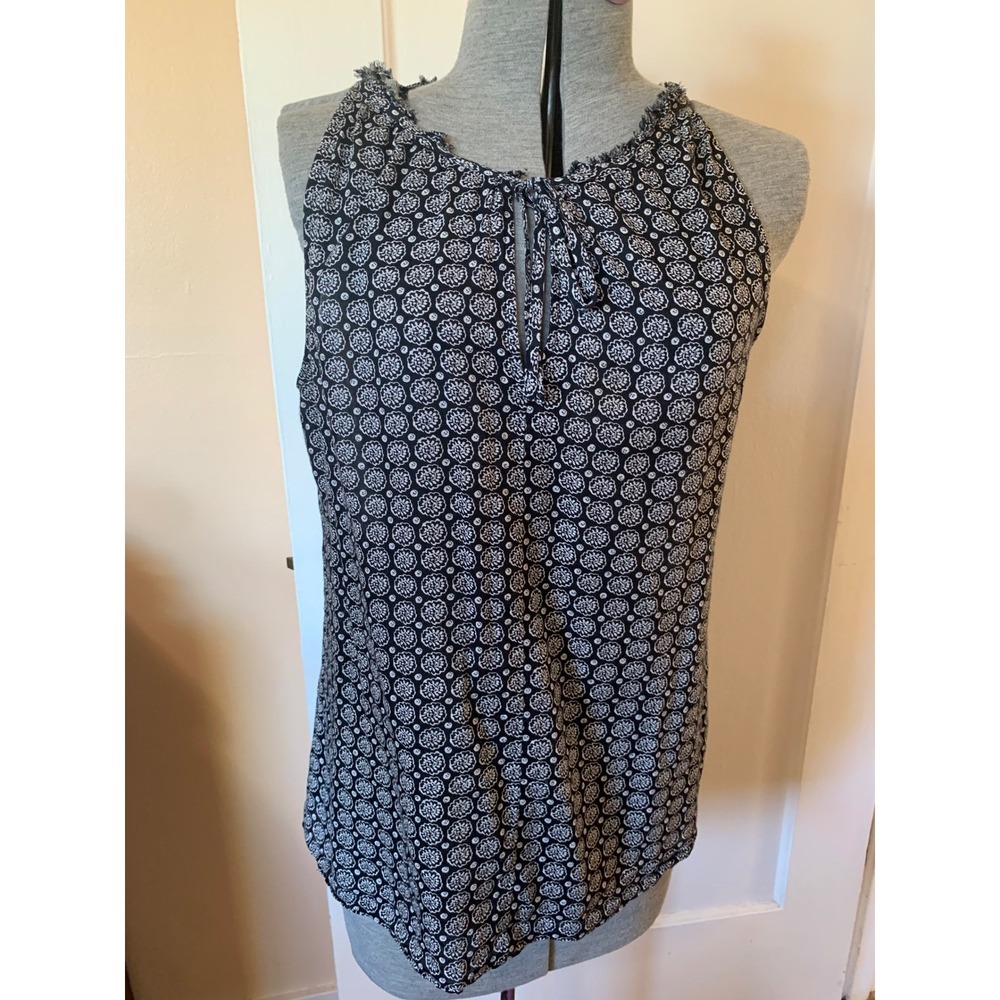 Womens Black White Floral Halter Top Keyhole Tie Neck Sleeveless Blouse Cotton